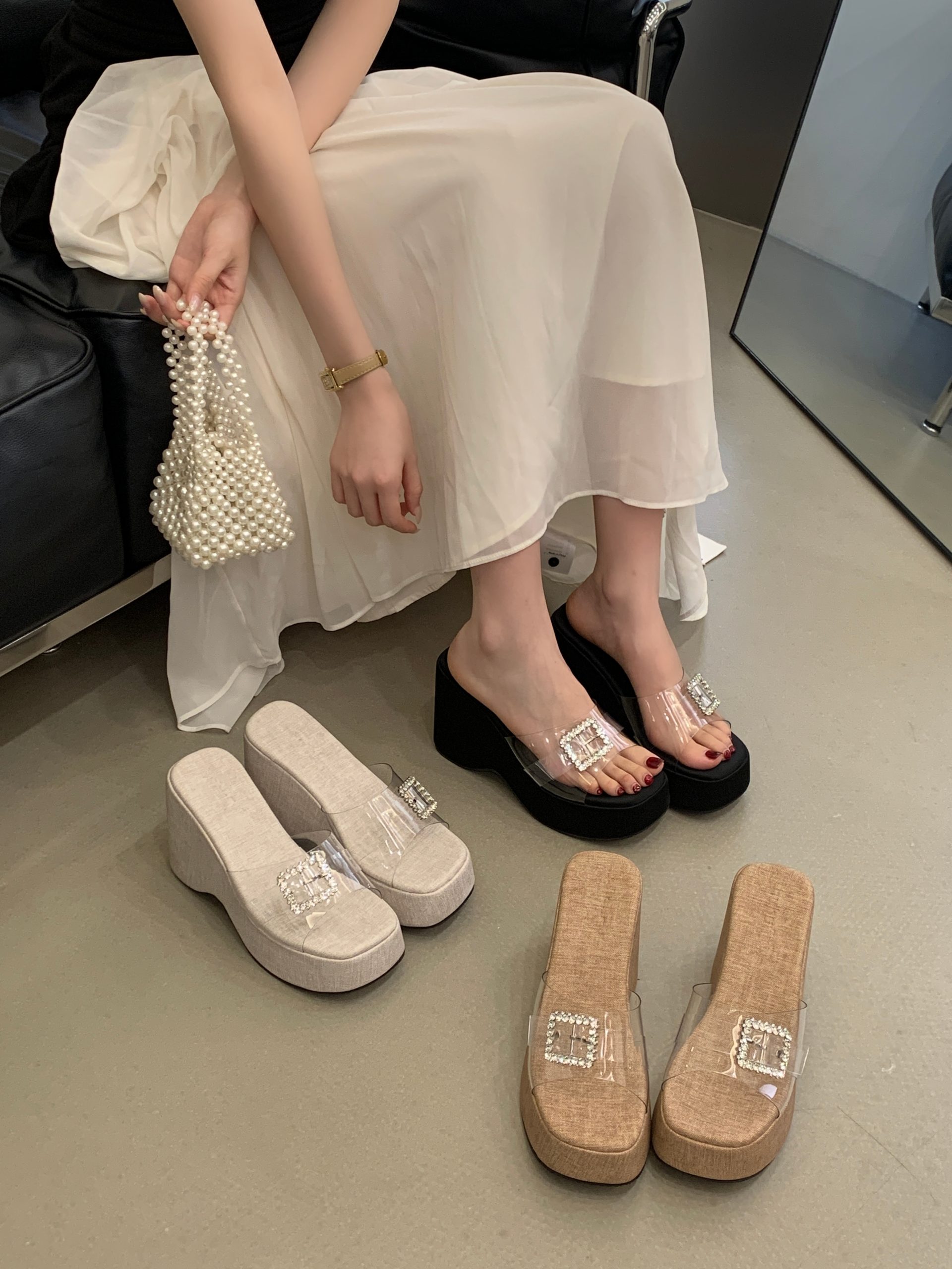 BUBUFLY 2026 Summer New Slippers Sparkling Rhinestone Fairy Wedge Heel Sandals